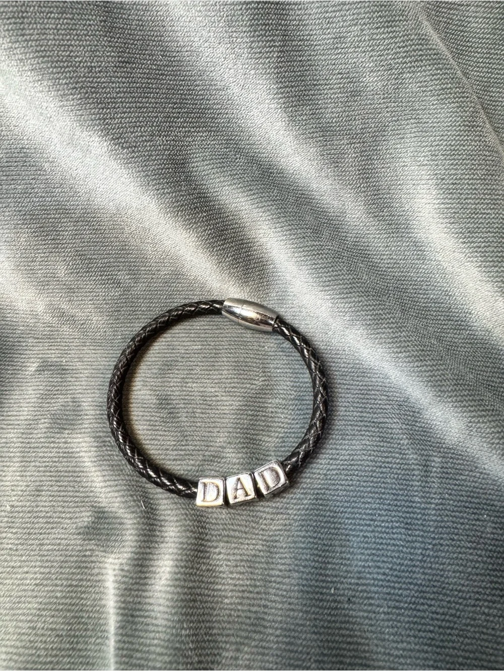Men's Black Braided Leather 'DAD' Bead Bracelet with Silver Accents